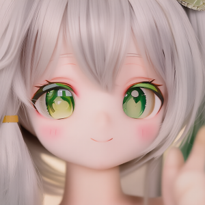 Hand-painted face of anime silicone love doll Nahara Veyra with emerald eyes