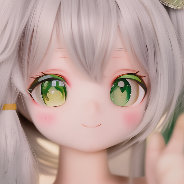 Hand-painted face of anime silicone love doll Nahara Veyra with emerald eyes